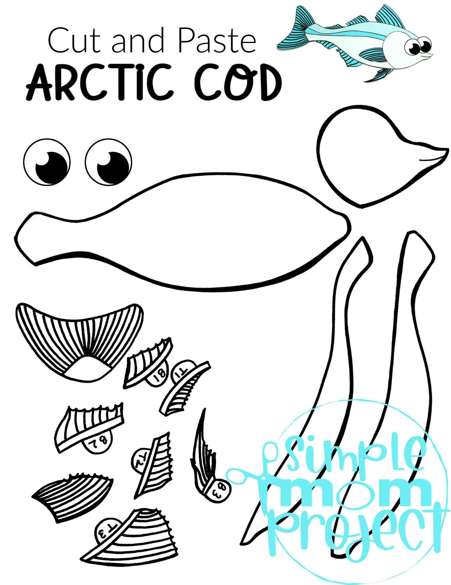 Printable Arctic Cod Arctic Animal Cut and Paste Crafts for Kids, kindergartners, preschoolers and toddlers 1