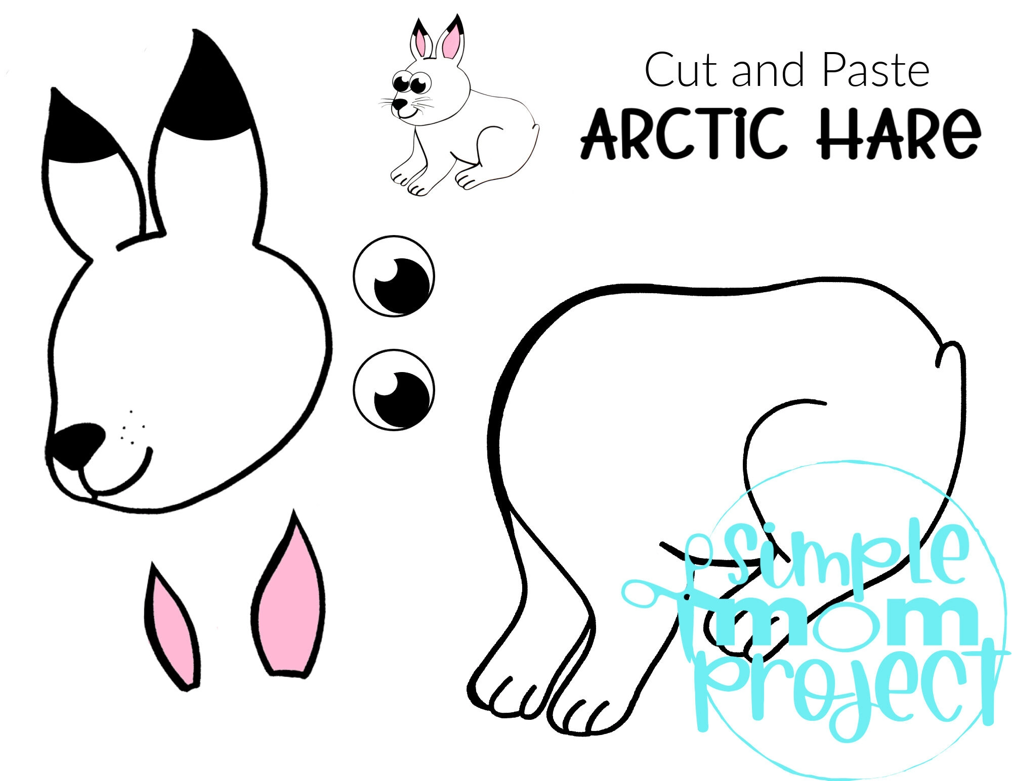 Printable Arctic Hare Arctic Animal Cut and Paste Crafts for Kids, kindergartners, preschoolers and toddlers 1