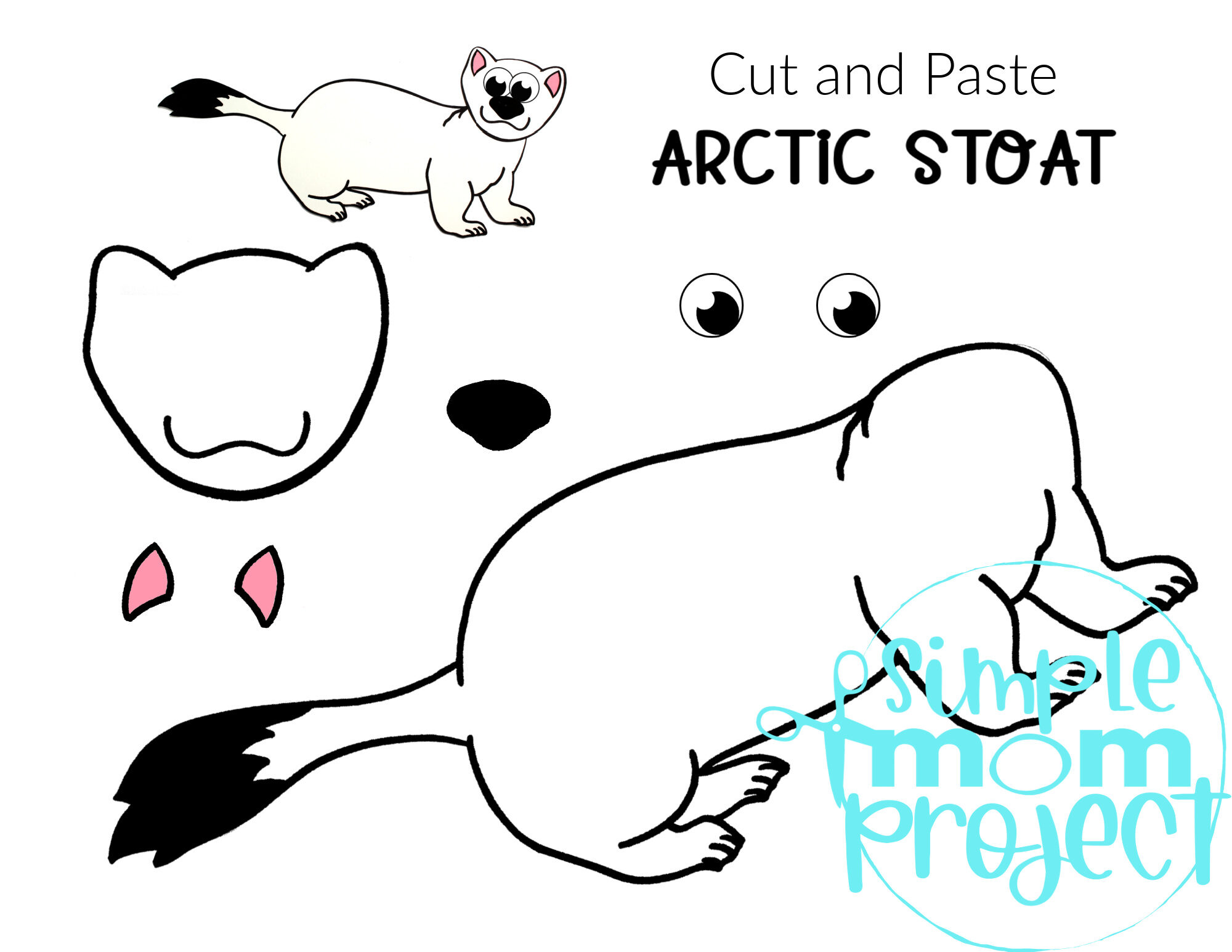 Printable Arctic Stoat Arctic Animal Cut and Paste Crafts for Kids, kindergartners, preschoolers and toddlers 1