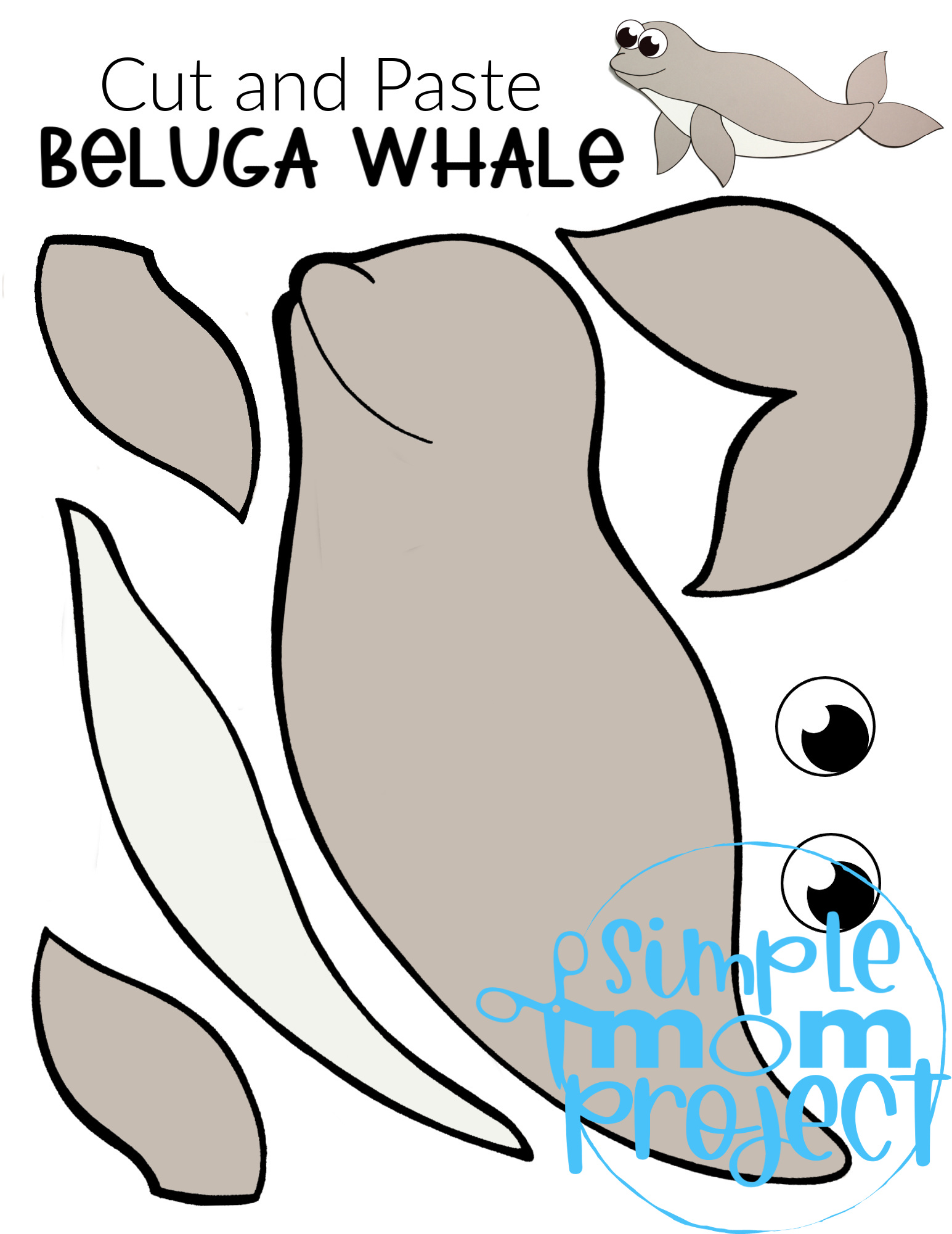 Printable Beluga Whale Arctic Animal Cut and Paste Crafts for Kids, kindergartners, preschoolers and toddlers 1