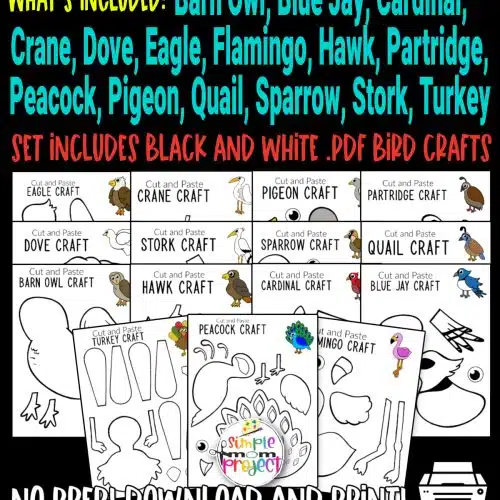 Add some fun to your kids printable craft activities with these black and white, blank adorable cut and paste Bird Crafts. Your kids will learn how to make beautiful Barn Owls, Eagle crafts, Dove Crafts and many more with these easy, printable Bird craft templates. Whether you use them as creative art coloring projects for toddlers, preschoolers or kindergartners or to learn about birds during homeschooling, this flock of cut and paste bird crafts are great fun for everyone!
