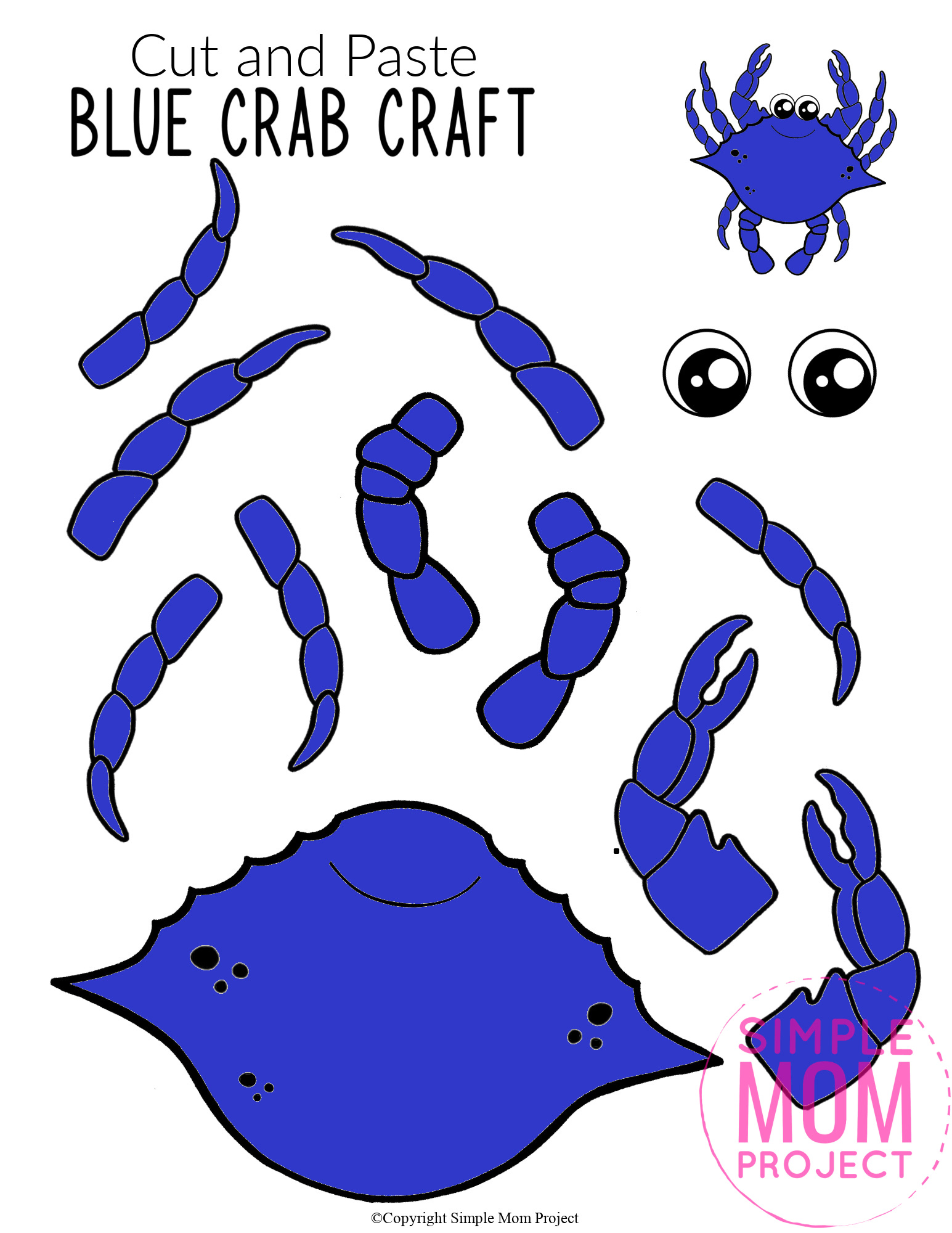 Printable Blue Crab Ocean Animal Craft for Kids, preschoolers and toddlers crab template 3