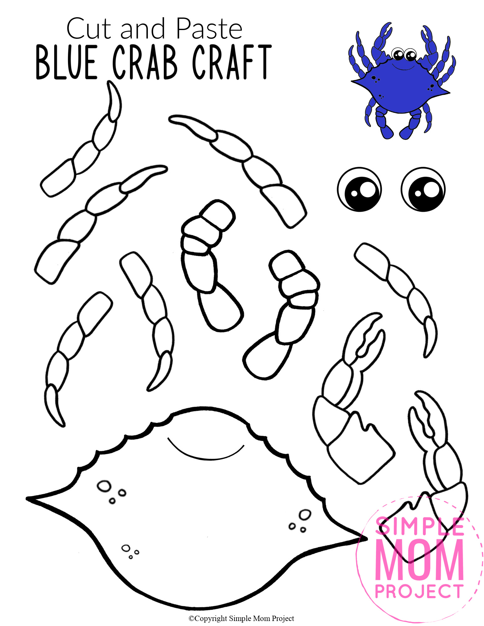 Printable Blue Crab Ocean Animal Craft for Kids, preschoolers and toddlers crab template 4