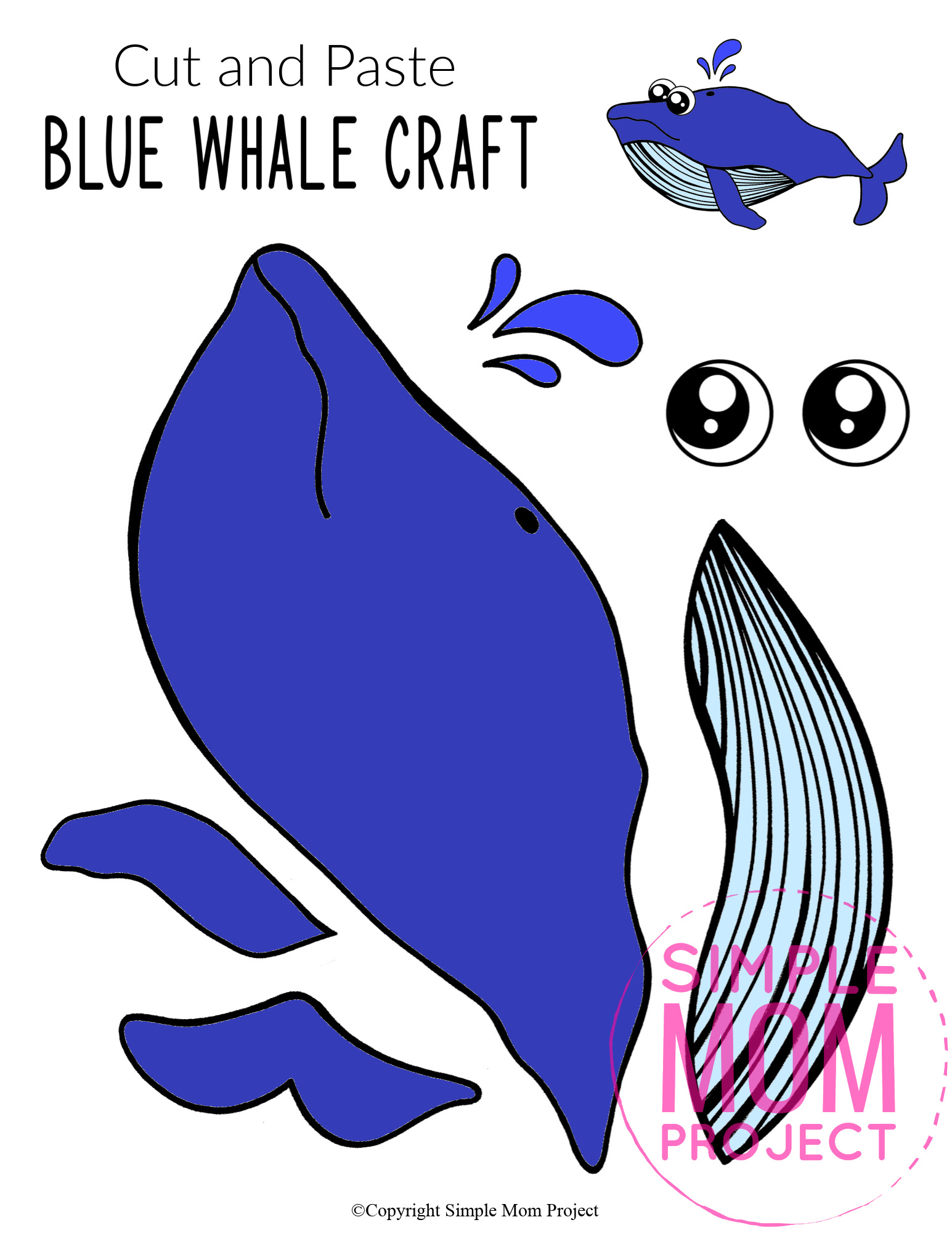 Printable Blue Whale Ocean Animal Craft for Kids, preschoolers and toddlers blue whale template 1 WM