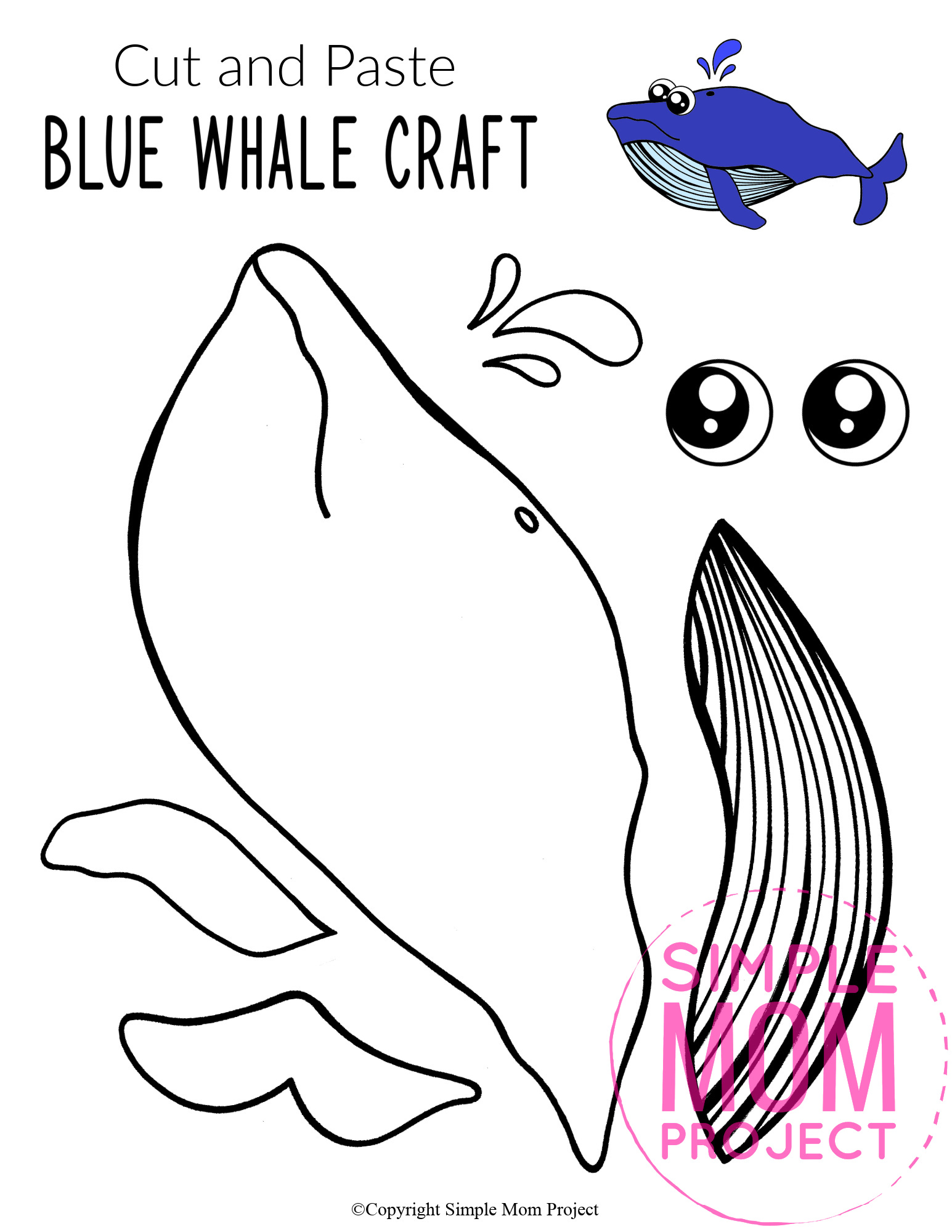 Printable Blue Whale Ocean Animal Craft for Kids, preschoolers and toddlers blue whale template 2 WM