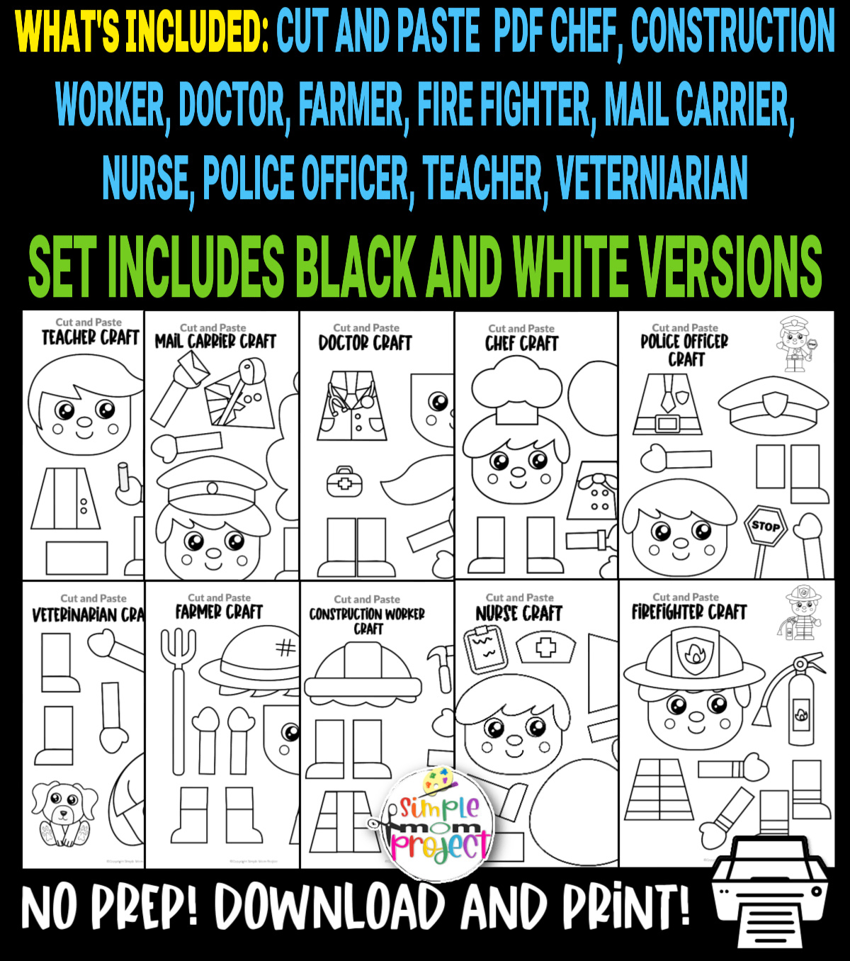 Are you looking for blank printable community helper crafts for your preschool or kindergarten class? These easy and fun pre k community helper crafts are perfect for a coloring classroom or a weekend activity. From our dentist, police officer, firefighter, doctor and construction worker to our school teacher and veterinarian, these fun preschool activities will be perfect for any community helper lesson plan! Turn them into puppets or just fun worksheets, but print your b&w community helper set now!