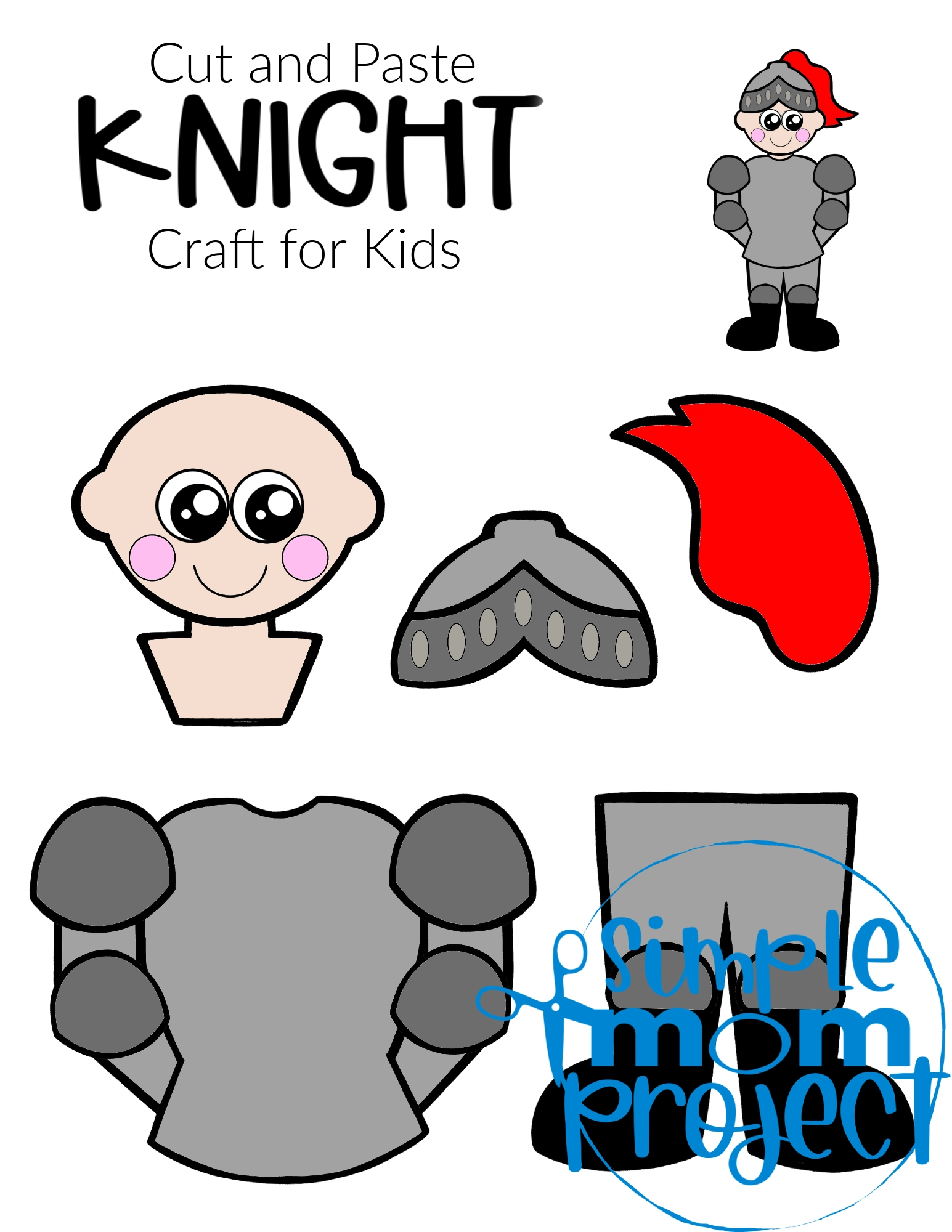 Printable Cut and Paste Knight Craft template for kids, preschoolers and toddlers 4