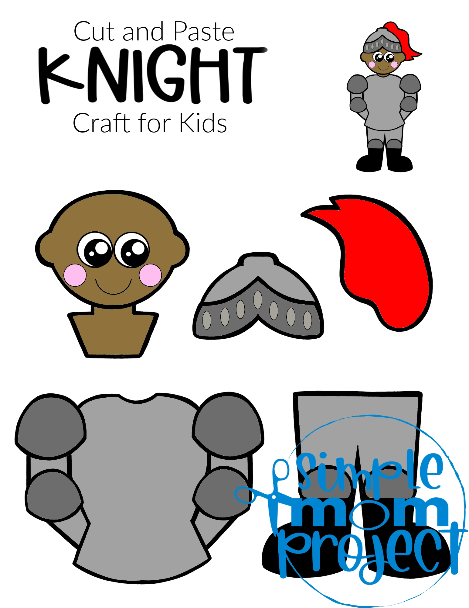 Printable Cut and Paste Knight Craft template for kids, preschoolers and toddlers 4