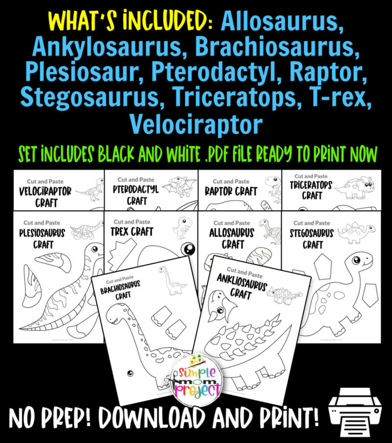 Black and White Dinosaur Cut and Paste Craft Templates - Simple Mom ...