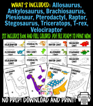 Looking for the best printable dinosaur crafts for your preschool, toddler or kindergarten kids? These easy diy paper dinosaur crafts have fun cutting and pasting these dinosaur templates to keep toddlers, preschoolers or even big kids amused for hours. Including our popular t-rex craft, triceratops craft and stegosaurus crafts and many more these are sure to be a big hit with your kids for fun craft activities or even homeschooling lessons. Click here to grab these awesome dinosaur craft templates today.