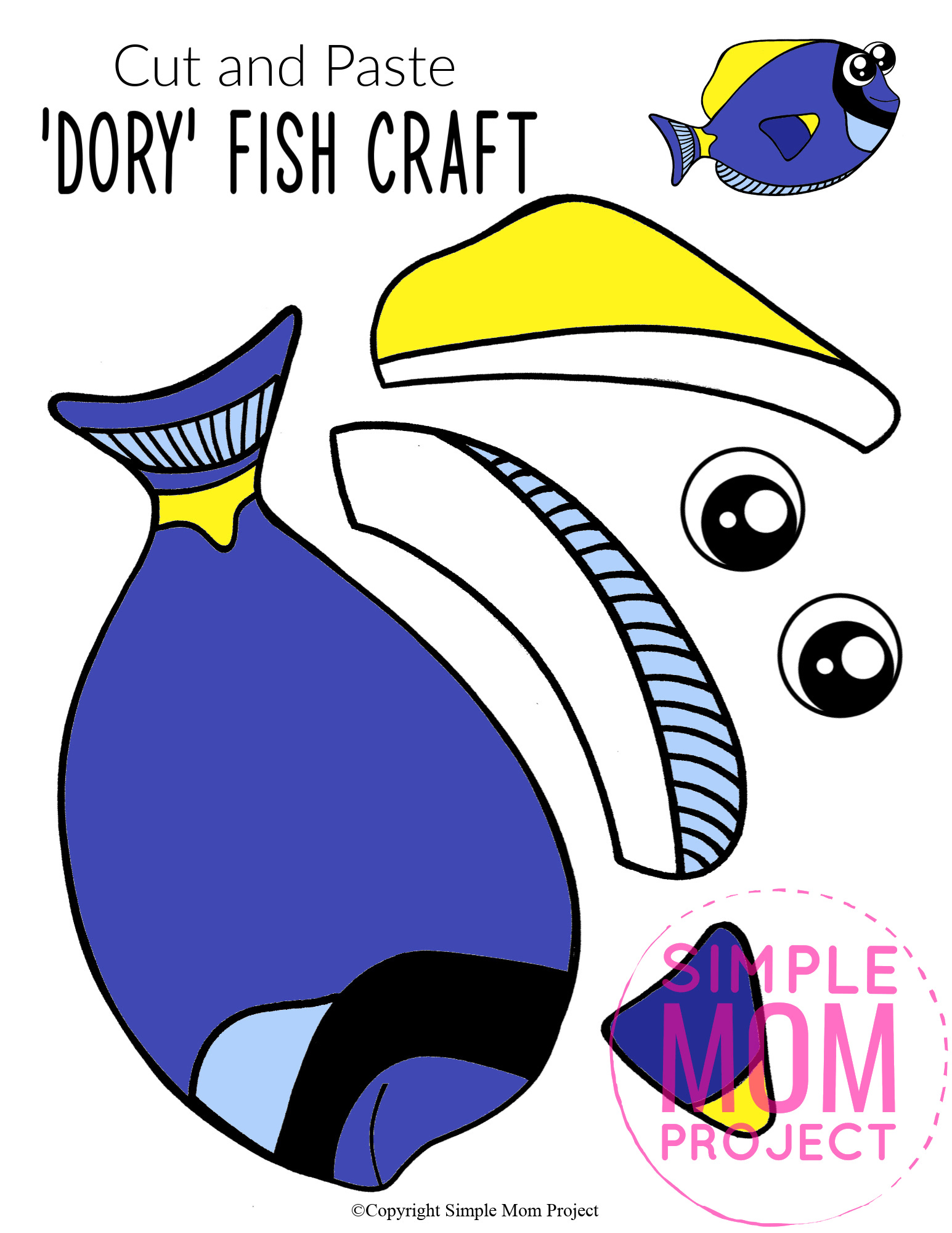 Printable Dory Blue Tang Fish Ocean Animal Craft for Kids, preschoolers and toddlers dory template 1WM