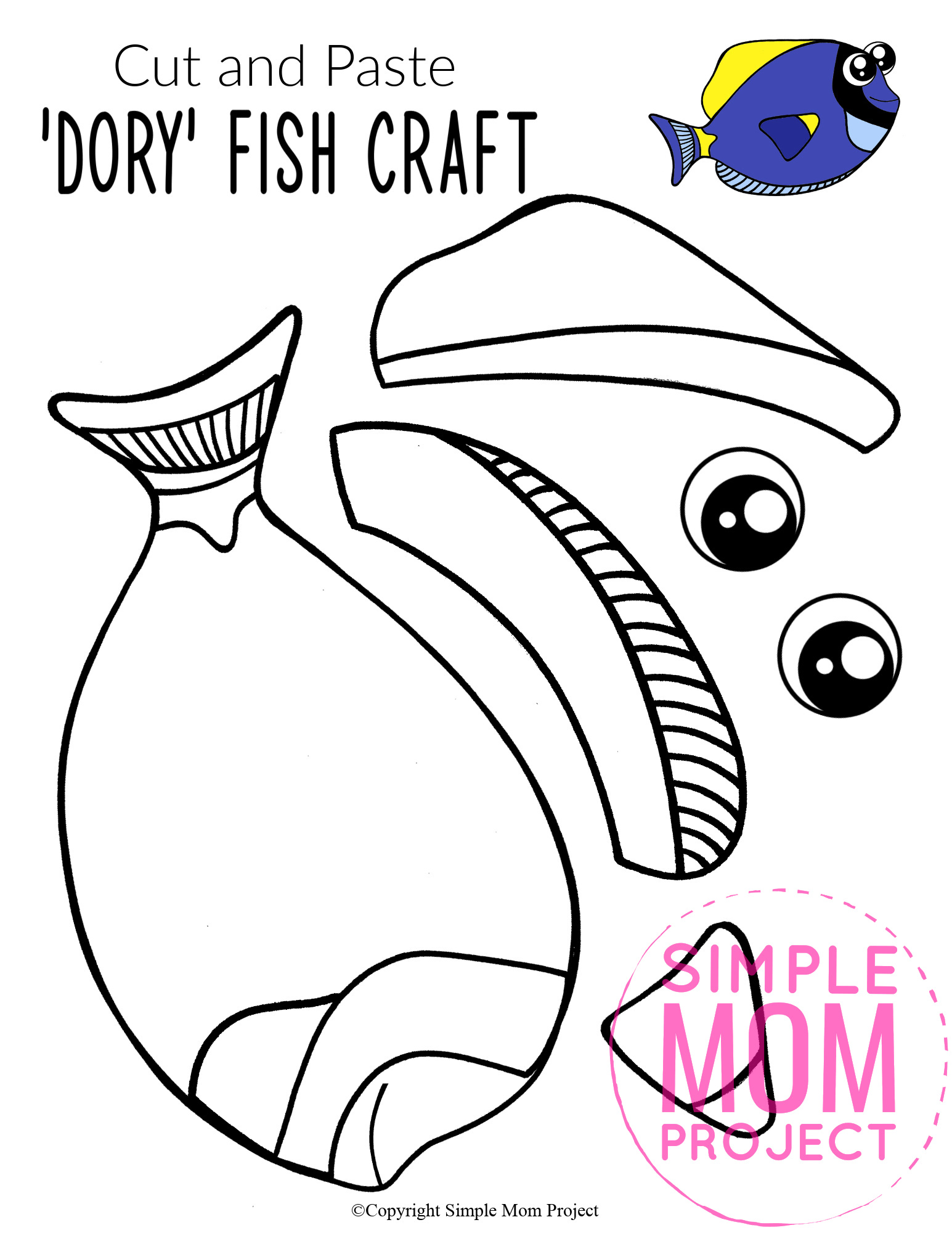 Printable Dory Blue Tang Fish Ocean Animal Craft for Kids, preschoolers and toddlers dory template 2WM