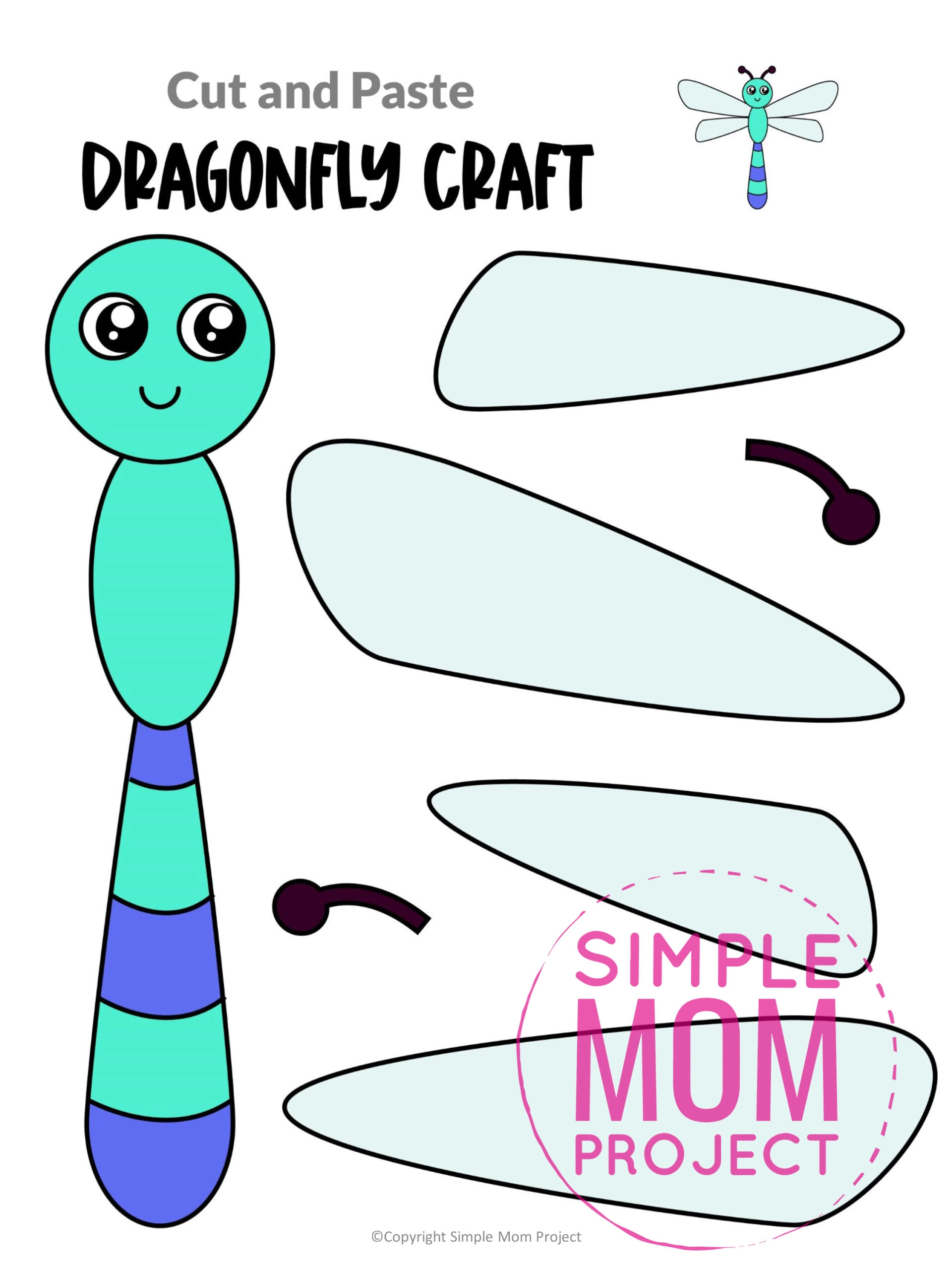 Printable Dragonfly Cut and Paste Craft Template for Toddler, Preschooler and Kindergarten Kids