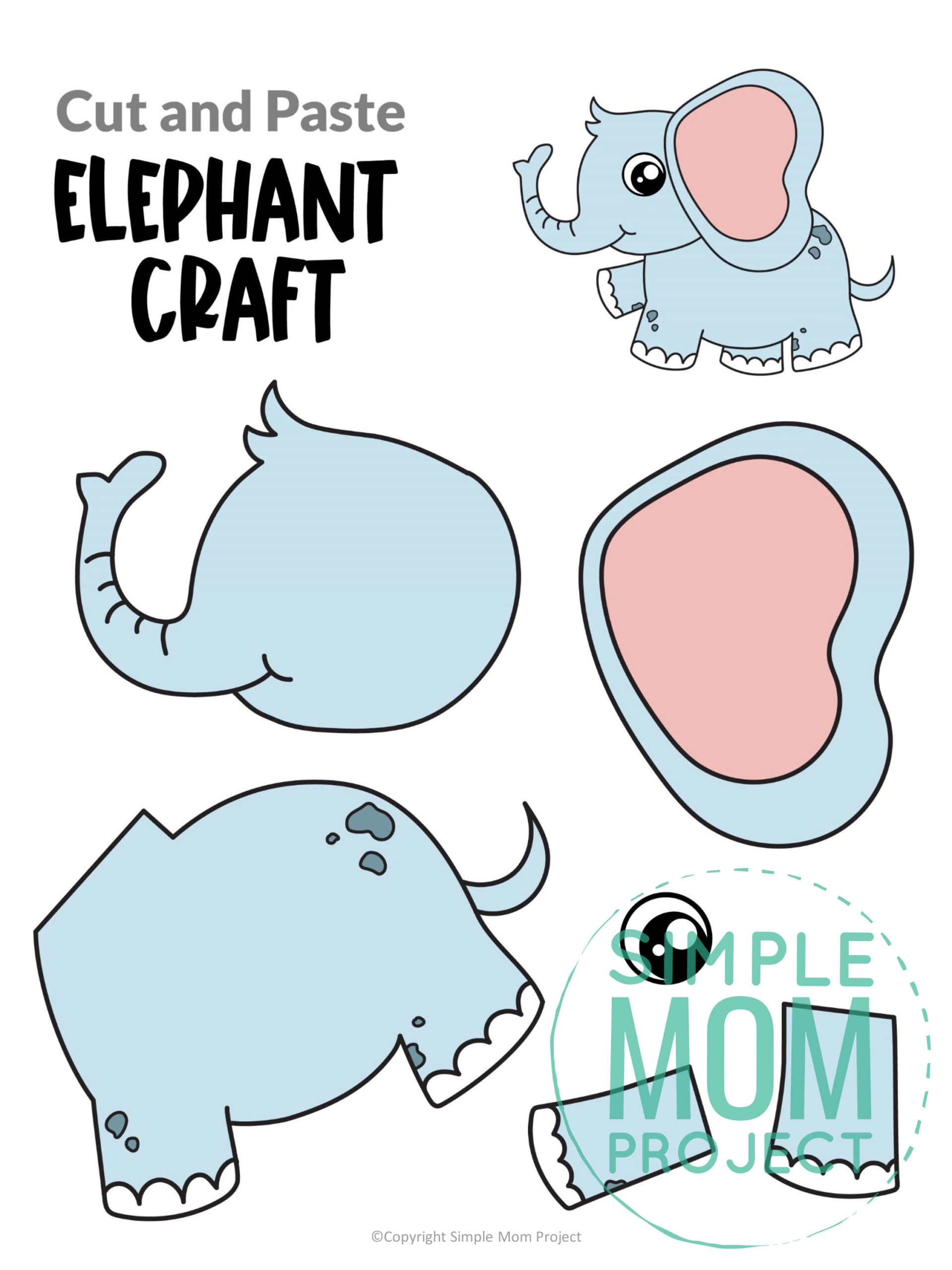 printable cut and paste safari and jungle craft for kids preschoolers toddlers kindergarten elephant