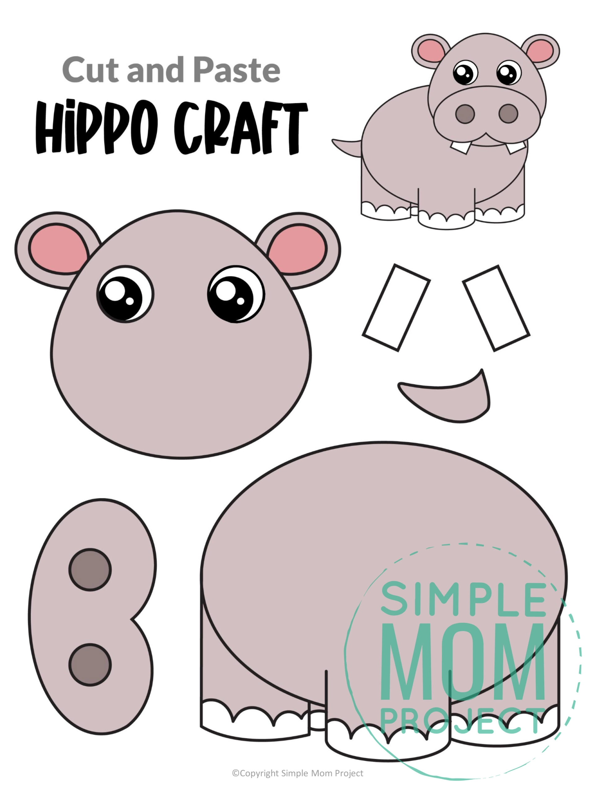 printable cut and paste safari and jungle craft for kids preschoolers toddlers kindergarten hippo