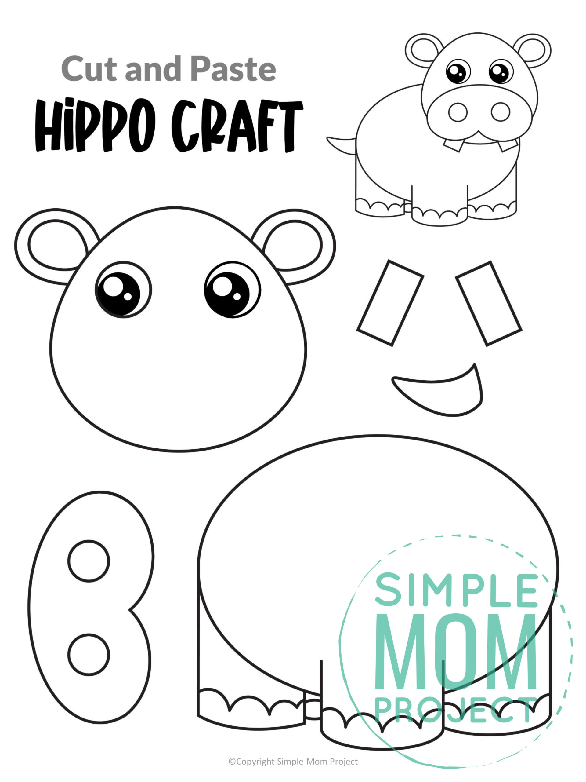 printable cut and paste safari and jungle craft for kids preschoolers toddlers kindergarten hippo