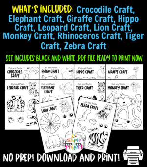 Looking for the best black and white zoo animal character crafts for your preschool, kindergarten and elementary kids? These easy jungle animal crafts make great cut and paste templates to keep toddlers, preschoolers or even big kids amused for hours. Including our popular lion craft, zebra craft and tiger crafts and many more these are sure to be a big hit with your kids for fun craft activities or even homeschooling lessons. Glue them to construction paper, add a handprint or make standing paper animals with a paper plate! Click here to grab these awesome, blank black and white safari animal character craft templates today.