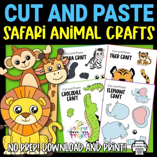Looking for the best full colored zoo animal character crafts for your preschool, kindergarten and elementary kids? These easy jungle animal crafts make great cut and paste templates to keep toddlers, preschoolers or even big kids amused for hours. Including our popular lion craft, zebra craft and tiger crafts and many more these are sure to be a big hit with your kids for fun craft activities or even homeschooling lessons. Glue them to construction paper, add a handprint or make standing paper animals with a paper plate! Click here to grab these awesome, precolored safari animal character craft templates today.