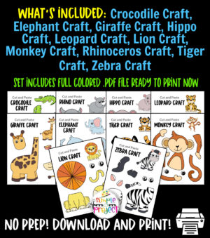 Looking for the best full colored zoo animal character crafts for your preschool, kindergarten and elementary kids? These easy jungle animal crafts make great cut and paste templates to keep toddlers, preschoolers or even big kids amused for hours. Including our popular lion craft, zebra craft and tiger crafts and many more these are sure to be a big hit with your kids for fun craft activities or even homeschooling lessons. Glue them to construction paper, add a handprint or make standing paper animals with a paper plate! Click here to grab these awesome, precolored safari animal character craft templates today.