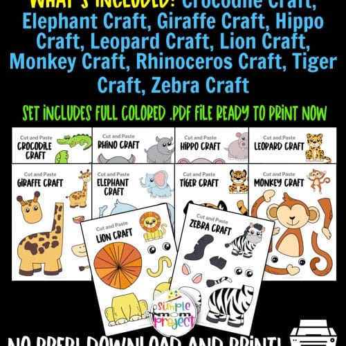 Looking for the best full colored zoo animal character crafts for your preschool, kindergarten and elementary kids? These easy jungle animal crafts make great cut and paste templates to keep toddlers, preschoolers or even big kids amused for hours. Including our popular lion craft, zebra craft and tiger crafts and many more these are sure to be a big hit with your kids for fun craft activities or even homeschooling lessons. Glue them to construction paper, add a handprint or make standing paper animals with a paper plate! Click here to grab these awesome, precolored safari animal character craft templates today.
