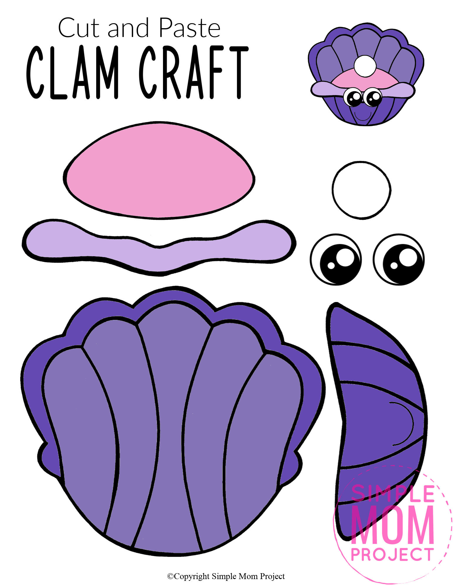 Printable Ocean Animal Clam Crafts for kids of all ages, including preschoolers and toddlers clam template 3