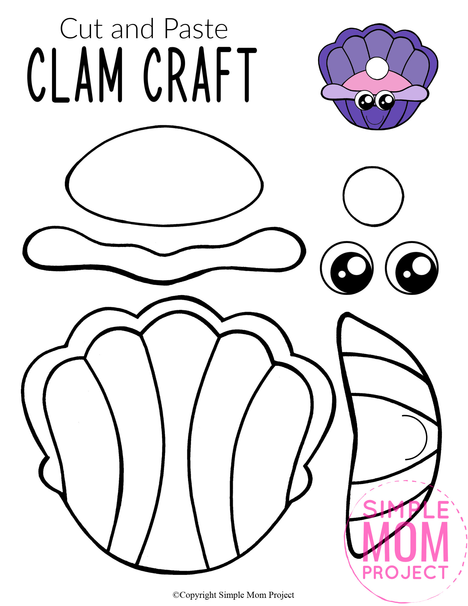 Printable Ocean Animal Clam Crafts for kids of all ages, including preschoolers and toddlers clam template 4