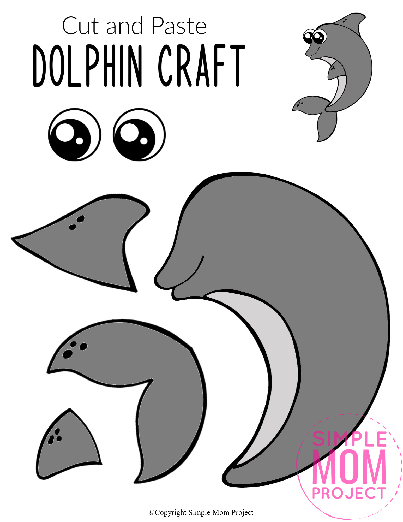 Printable Ocean Animal Dolphin Crafts for kids of all ages, including preschoolers and toddlers dolphin template 3