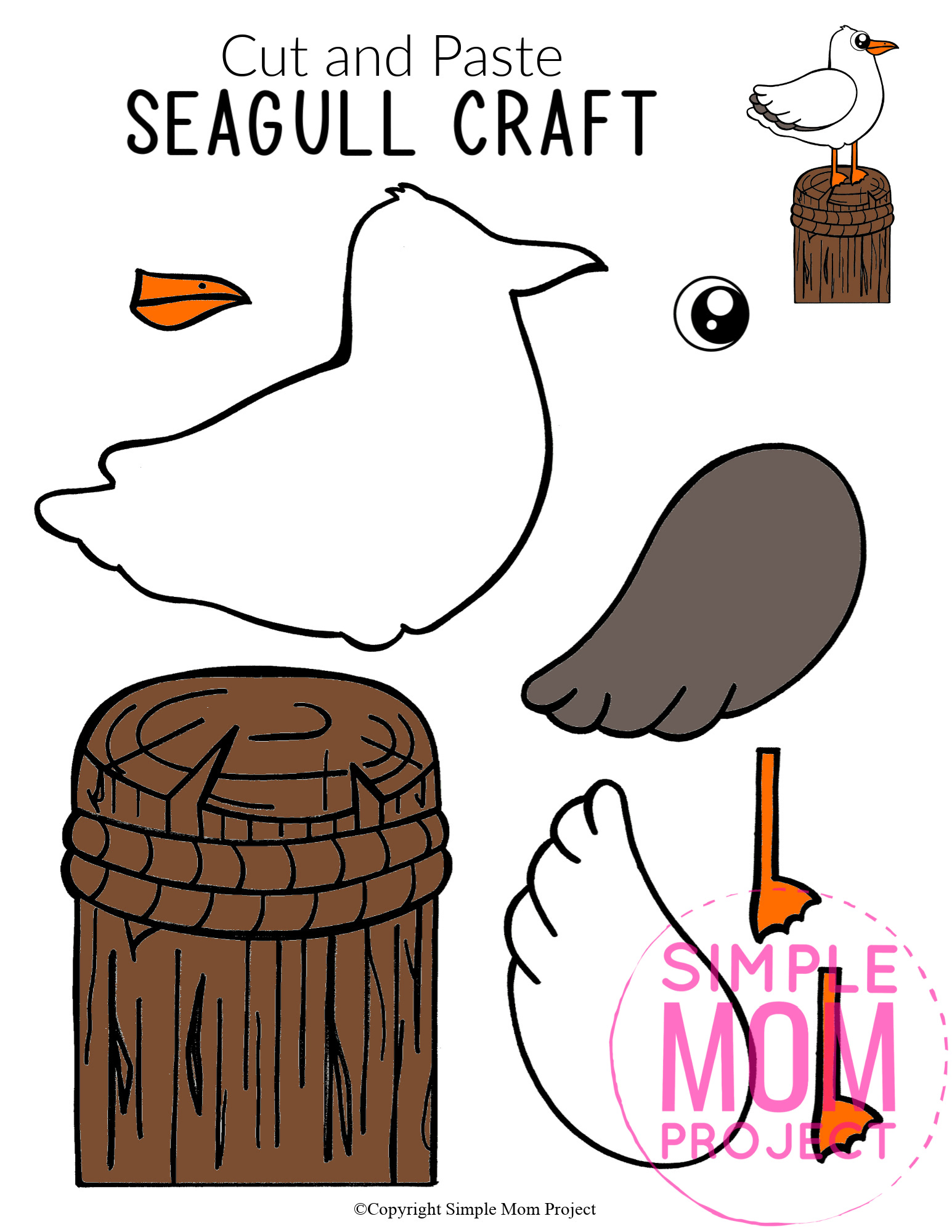 Printable Ocean Animal Seagull Crafts for kids of all ages, including preschoolers and toddlers seagull template 3