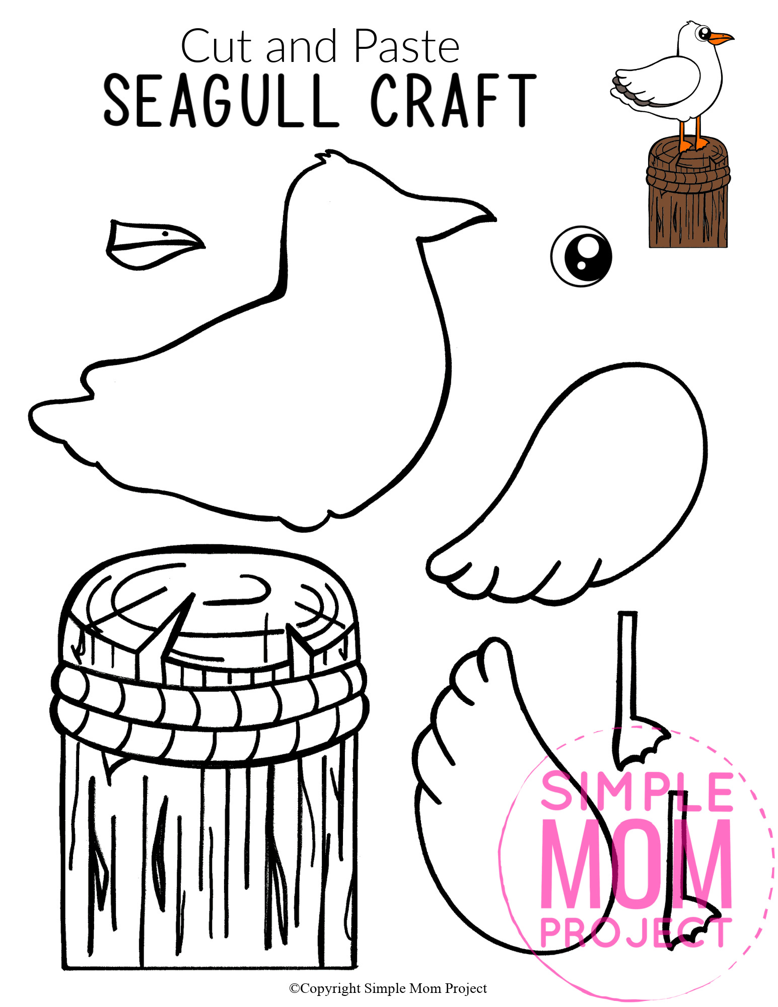 Printable Ocean Animal Seagull Crafts for kids of all ages, including preschoolers and toddlers seagull template 4