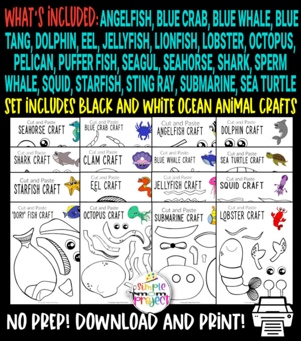 Looking for easy and blank ocean animal crafts for your preschool or kindergarten kids? These fun coloring page printable ocean animal templates keep toddlers, preschoolers or even big kids amused for hours! Including our popular dolphins, sea turtles, jellyfish, octopus and many more these are sure to be a big hit with your kids for fun coloring activities or even homeschooling lessons. Click here to grab these awesome ocean animal craft templates today.