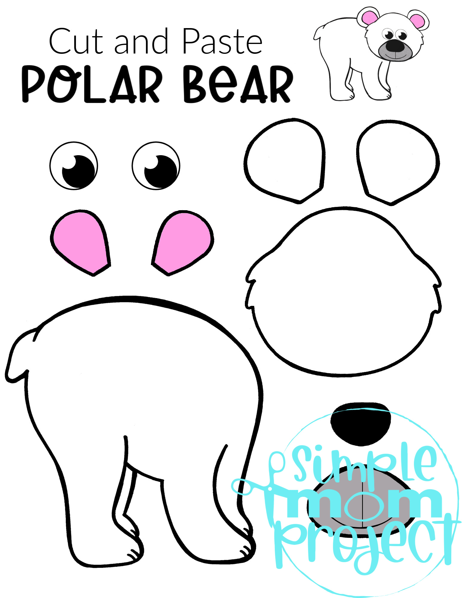 Printable Polar Bear Arctic Animal Cut and Paste Crafts for Kids, kindergartners, preschoolers and toddlers 1