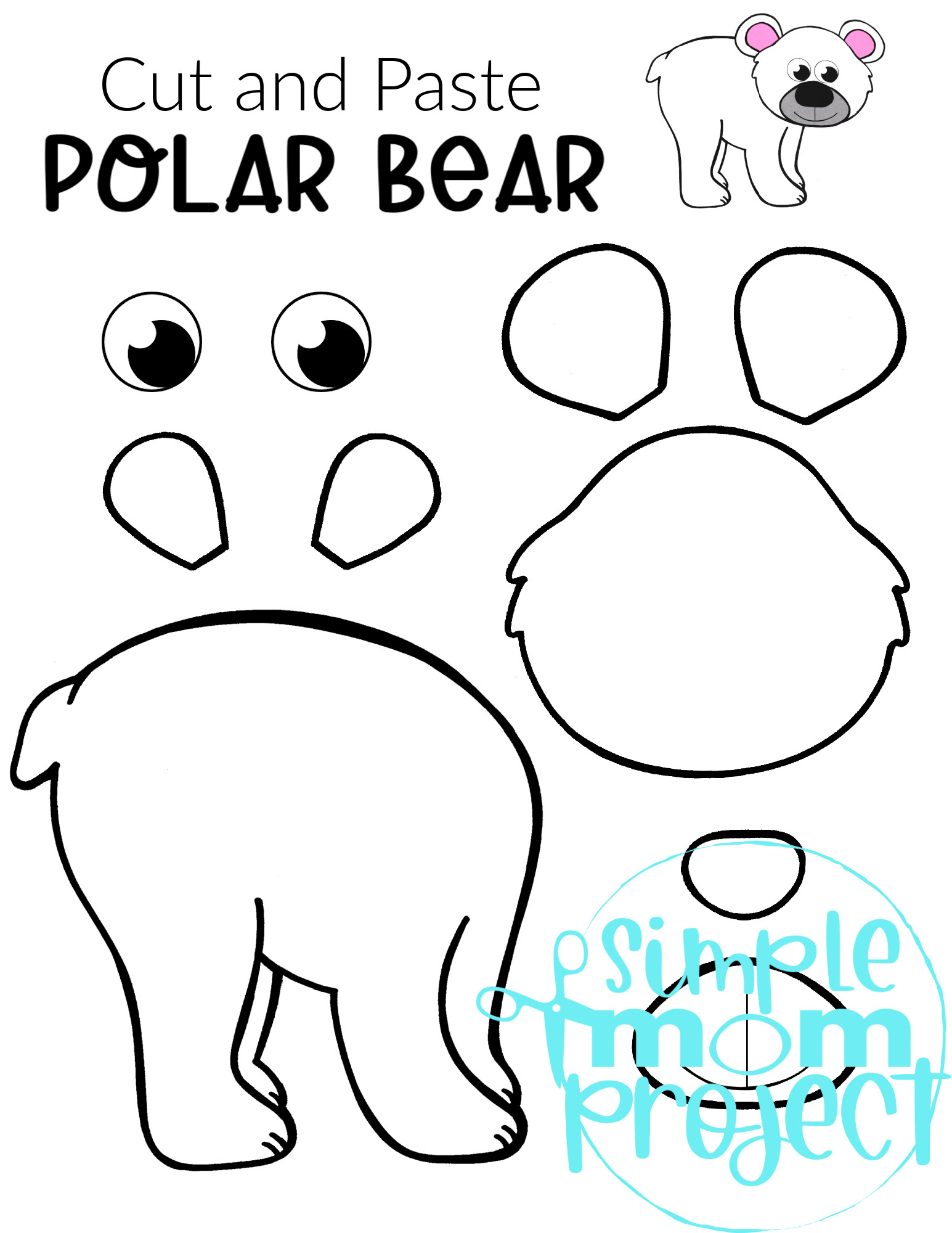 Printable Polar Bear Arctic Animal Cut and Paste Crafts for Kids, kindergartners, preschoolers and toddlers 1