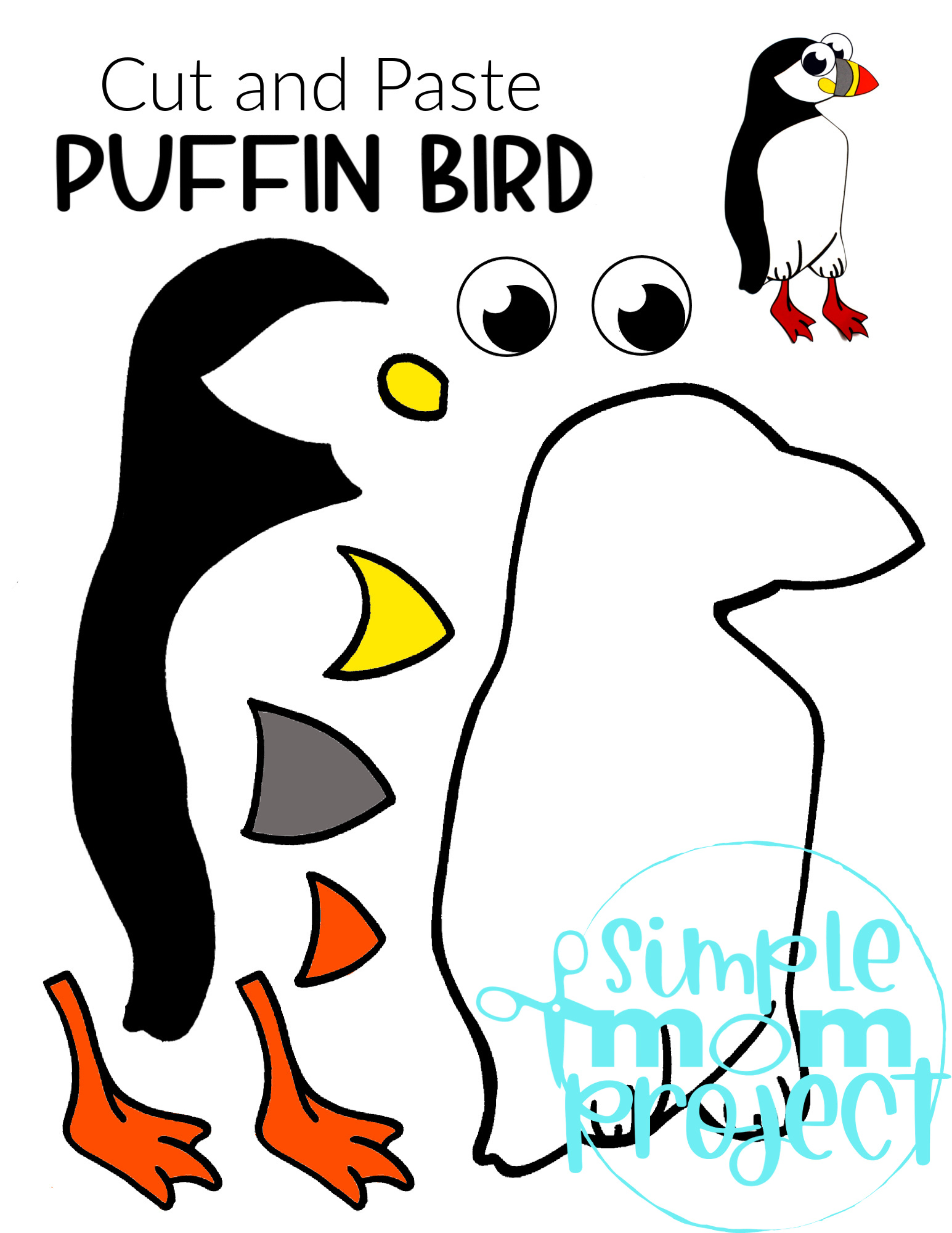 Printable Puffin Arctic Animal Cut and Paste Crafts for Kids, kindergartners, preschoolers and toddlers 1