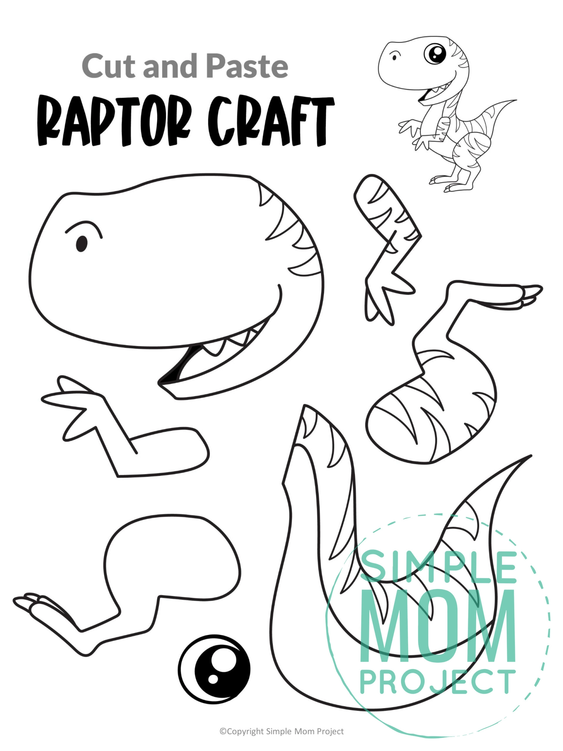 raptor cut and paste craft for kids, preschoolers, toddlers