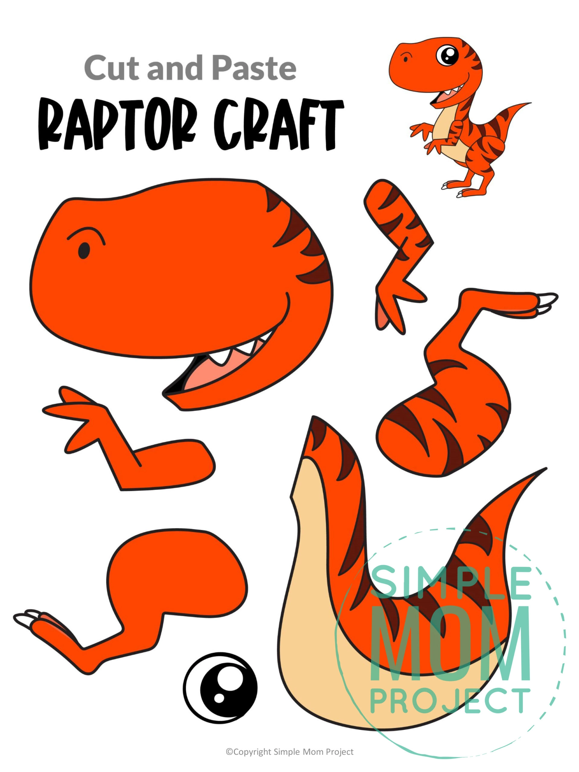 raptor cut and paste craft for kids, preschoolers, toddlers