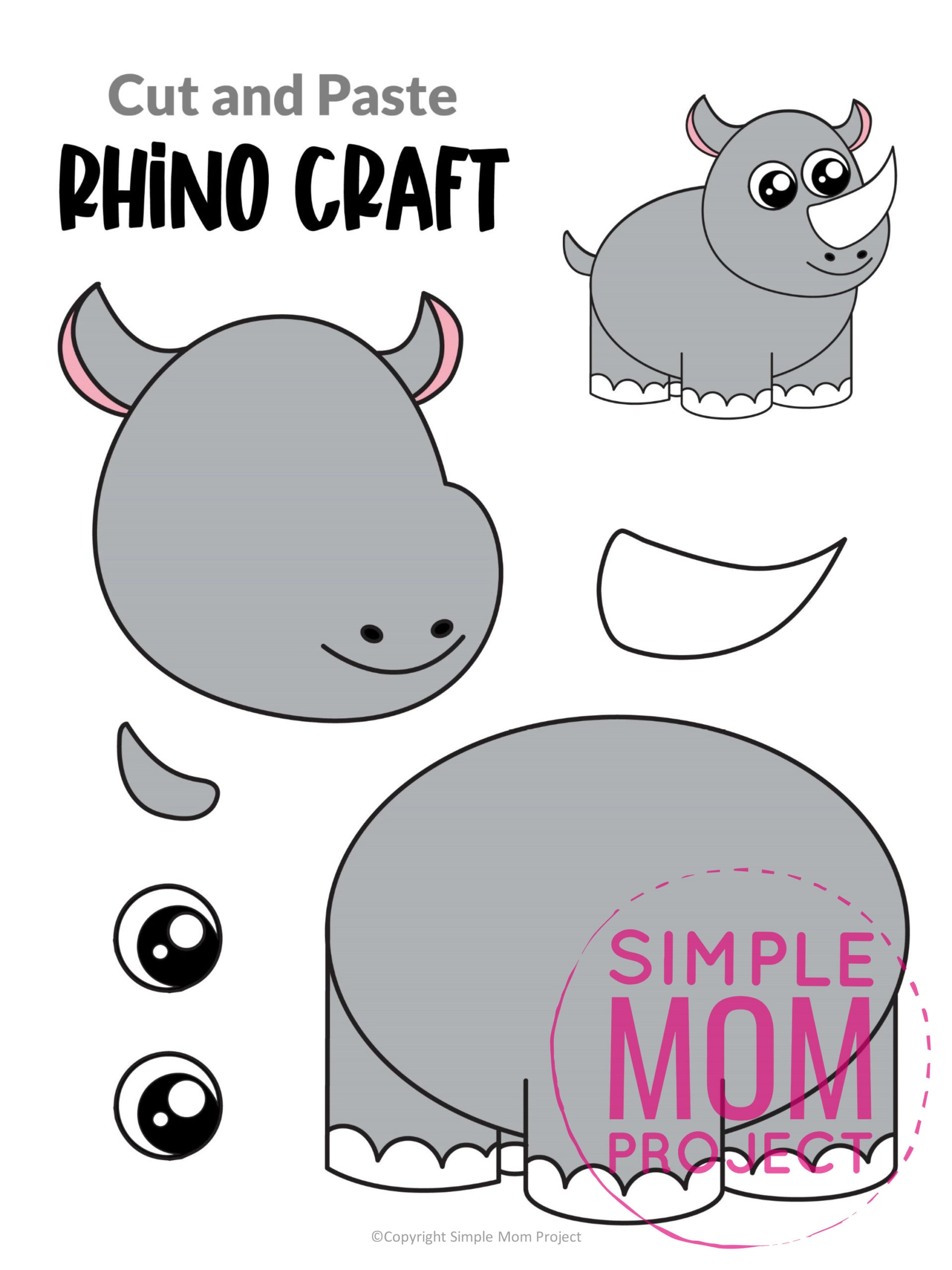 printable cut and paste safari and jungle craft for kids preschoolers toddlers kindergarten rhino