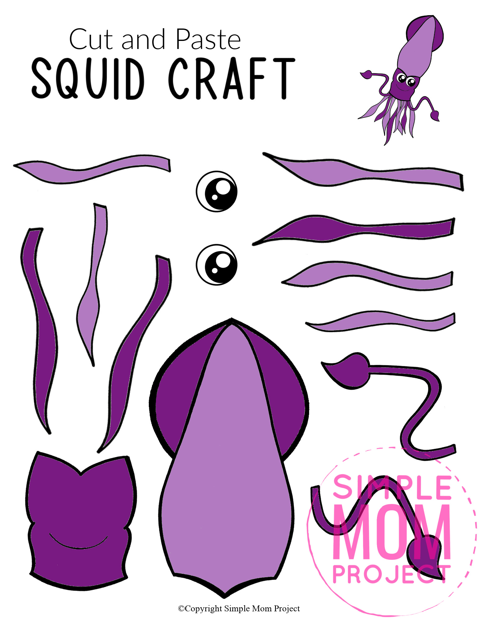 Printable Squid Ocean Animal Craft for Kids, preschoolers and toddlers squid template 3