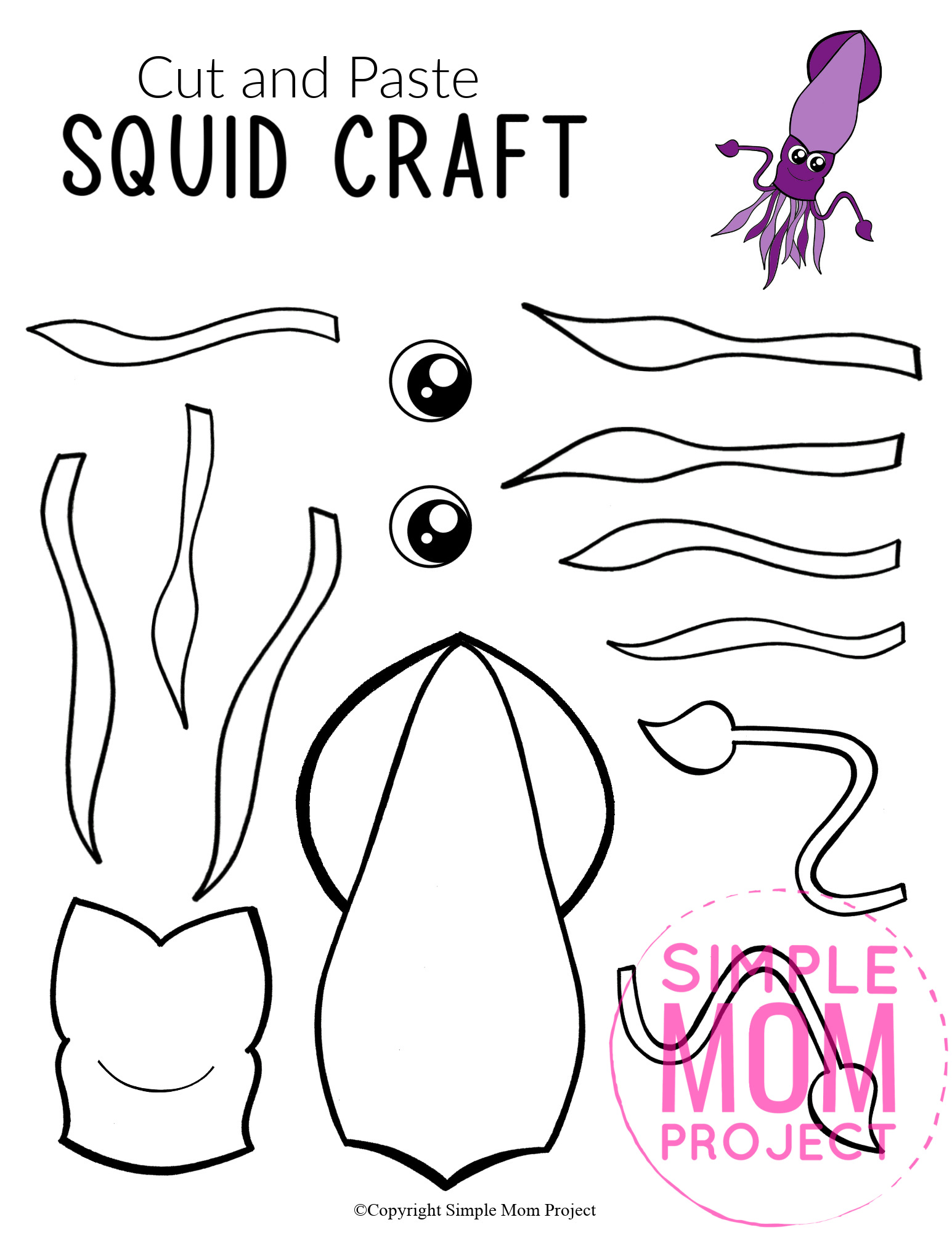 Printable Squid Ocean Animal Craft for Kids, preschoolers and toddlers squid template 4