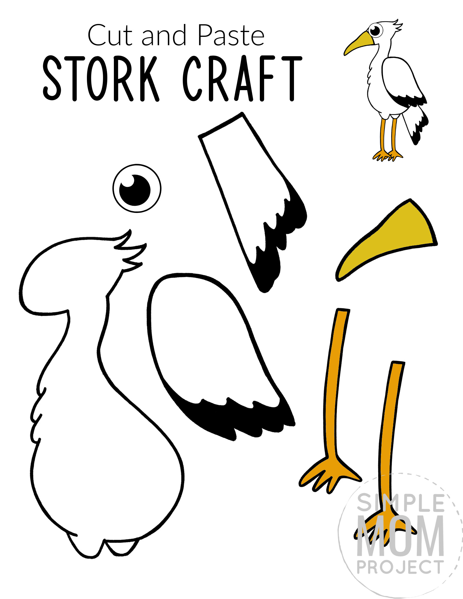 Printable Stork Craft for Kids, preschoolers toddlers and kindergartners 1