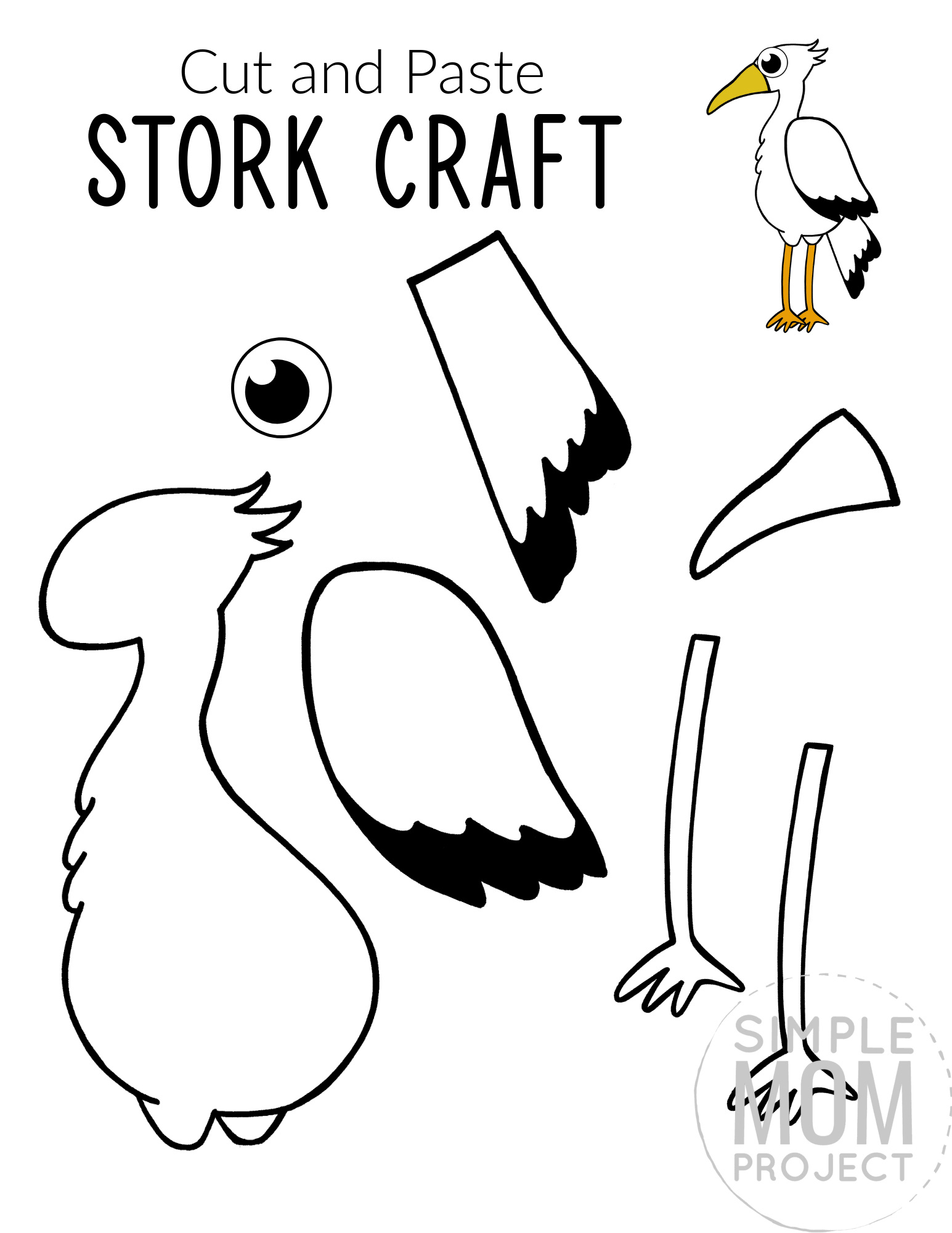 Printable Stork Craft for Kids, preschoolers toddlers and kindergartners 1