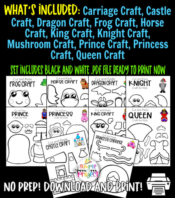 Looking for the best storybook character crafts for your kids? These easy blank, black and white character crafts have fun cut and paste templates to keep toddlers, preschoolers or even big kids amused for hours. Including our popular princess, horse, castle carriage and many more these are sure to be a big hit with your kids for fun craft activities or even homeschooling lessons. Click here to grab these awesome black and white blank storybook character craft templates today.