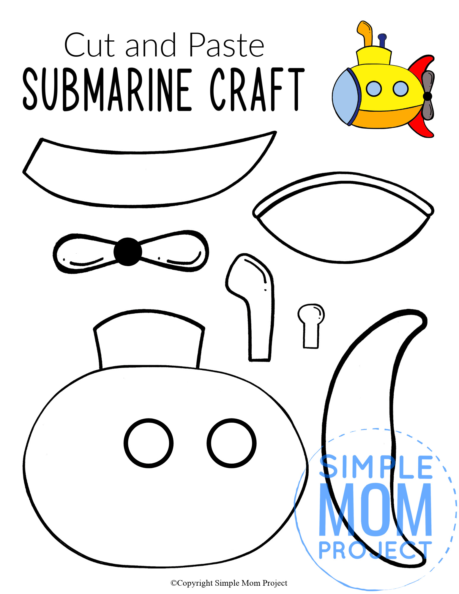 Printable Submarine Ocean Animal Craft for Kids, preschoolers and toddlers submarine template 4