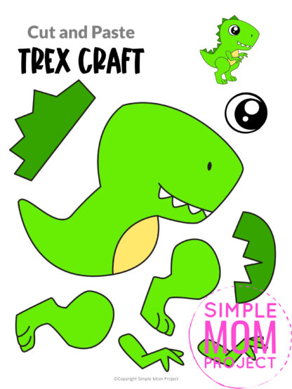 trex cut and paste craft for kids, preschoolers, toddlers