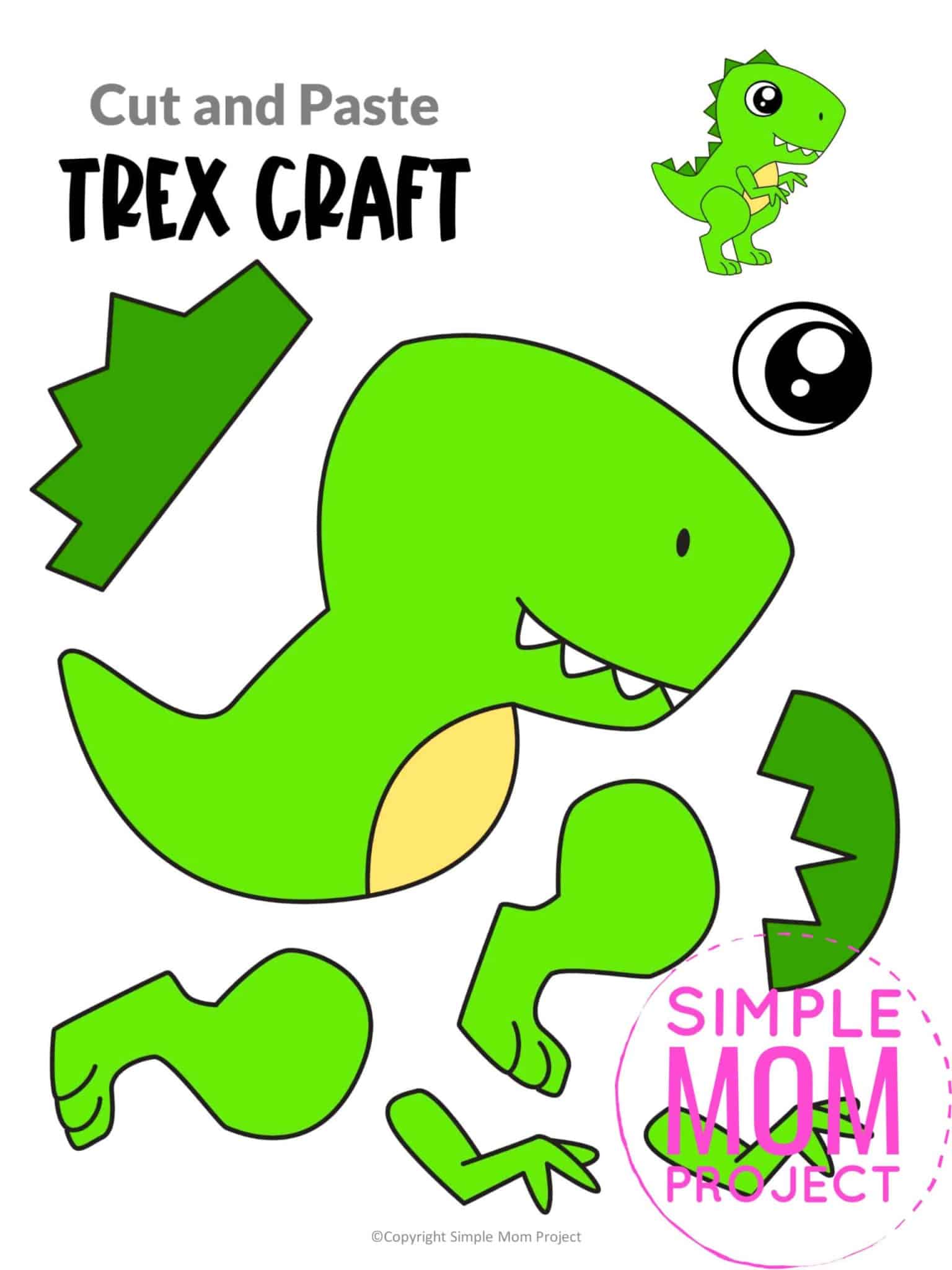 trex cut and paste craft for kids, preschoolers, toddlers