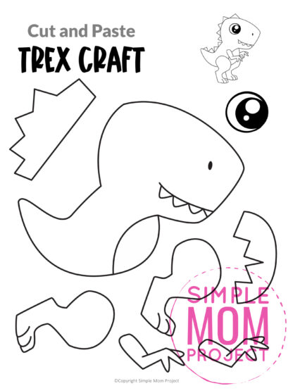 trex cut and paste craft for kids, preschoolers, toddlers