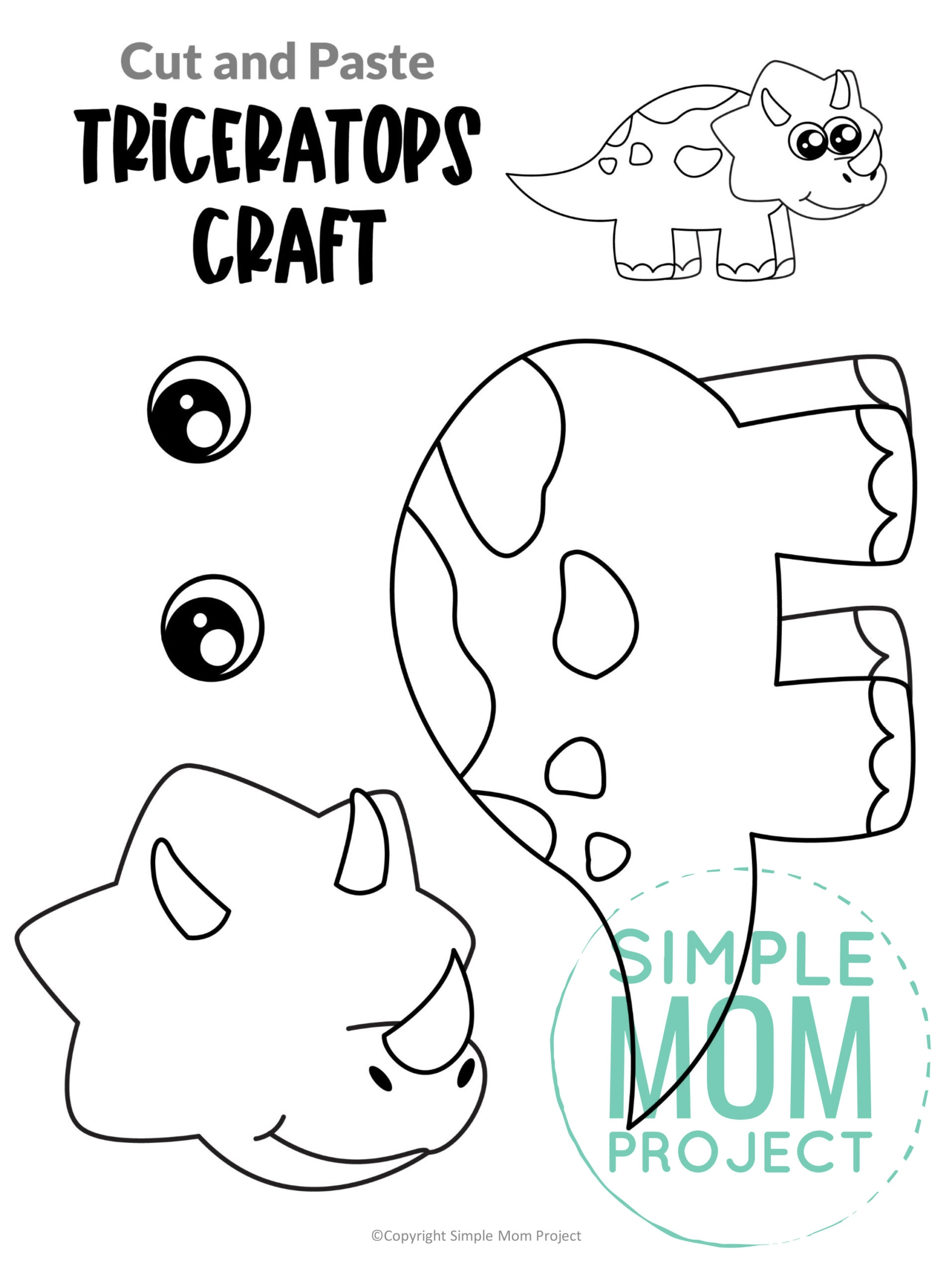 triceratops cut and paste craft for kids, preschoolers, toddlers