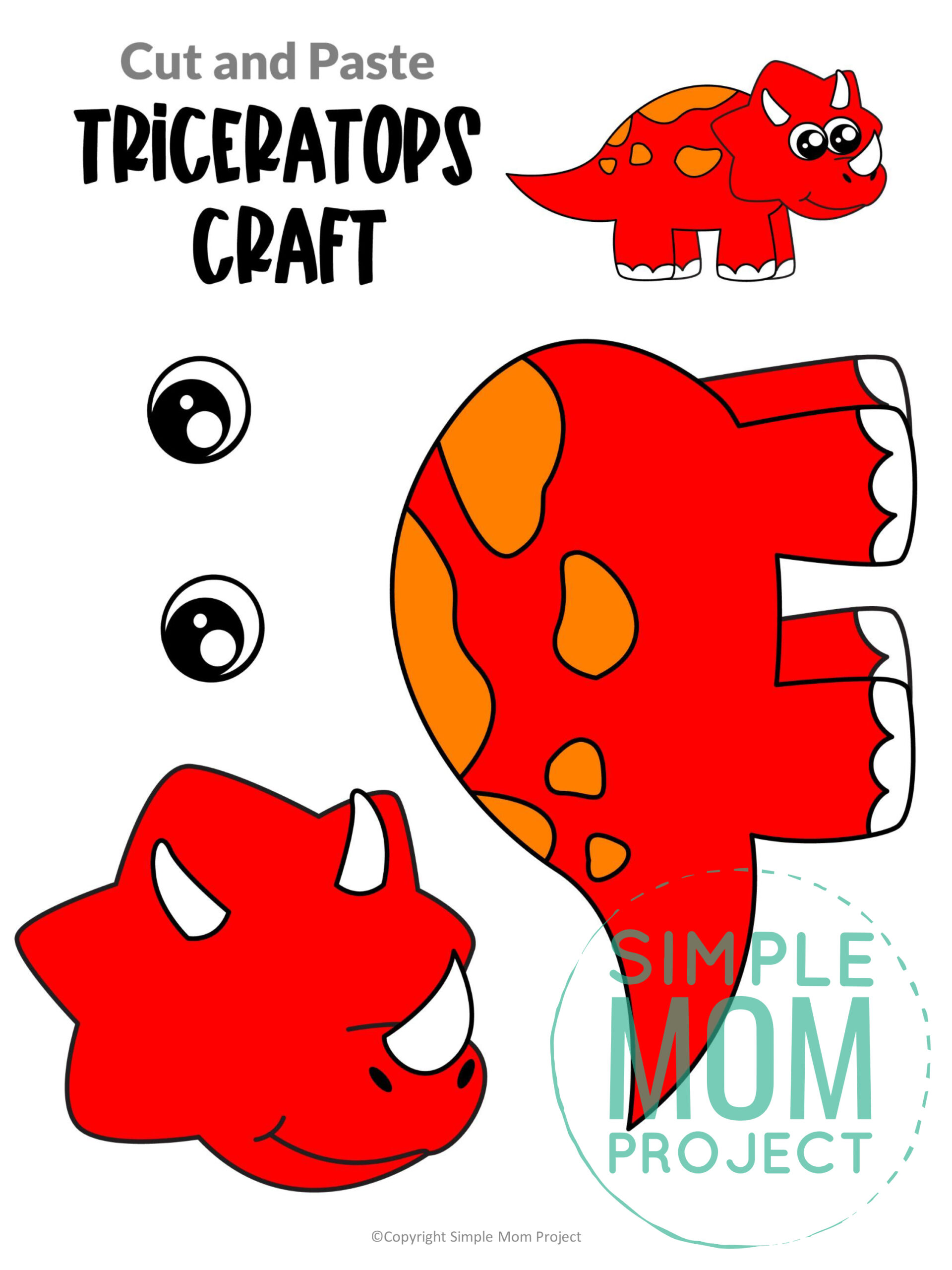 triceratops cut and paste craft for kids, preschoolers, toddlers