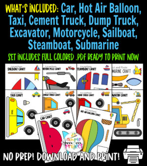 Are you looking for a full colored set of simple printable vehicle crafts? These adorable cut and paste full colored printable vehicle crafts are perfect for you! Your kids will learn how to make amazing school bus craft, hot air balloon craft, taxi cab craft and many more with these easy, printable vehicle craft templates. Click now to purchase your colored printable vehicle templates today!