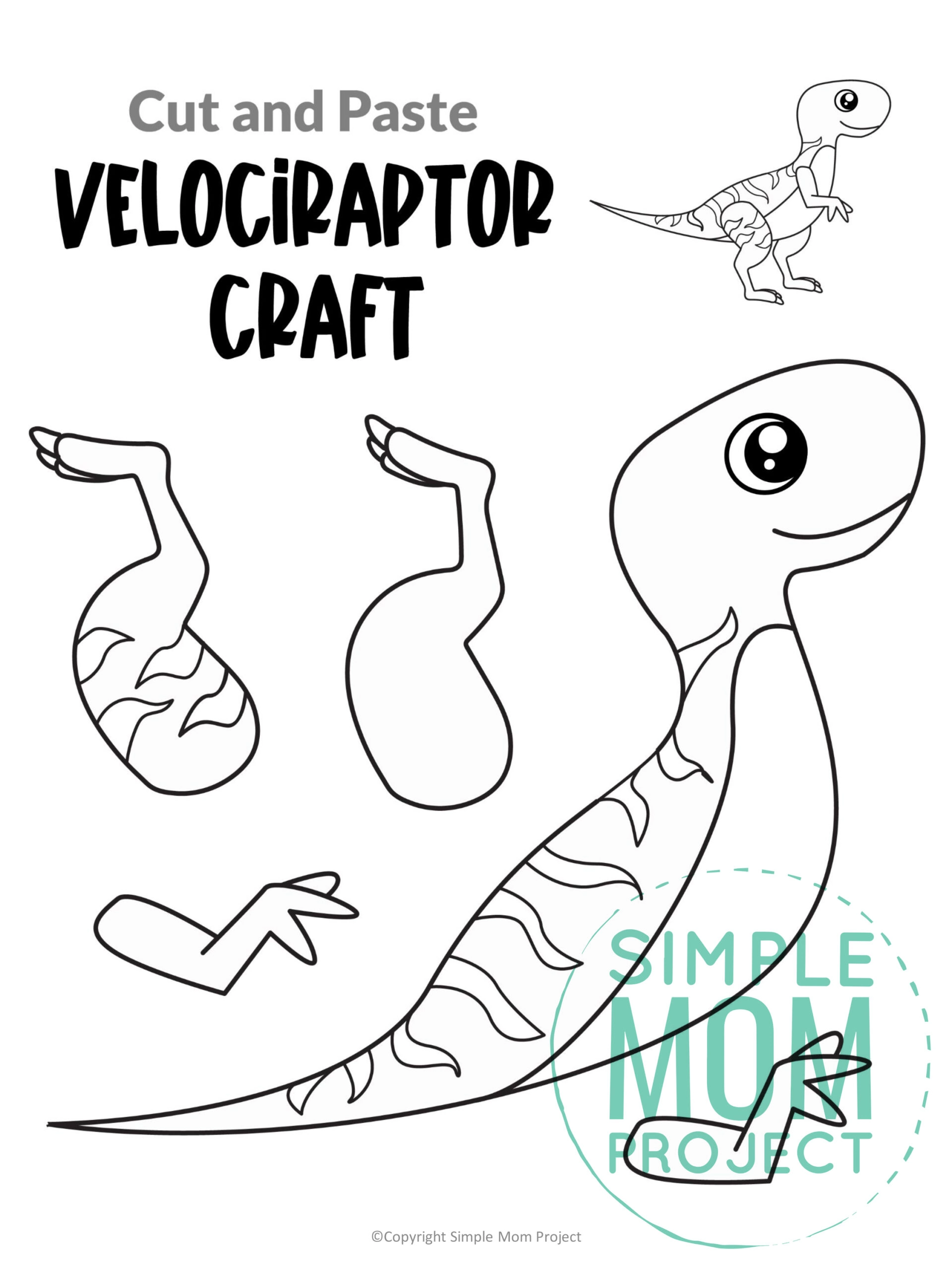 velociraptor cut and paste craft for kids, preschoolers, toddlers