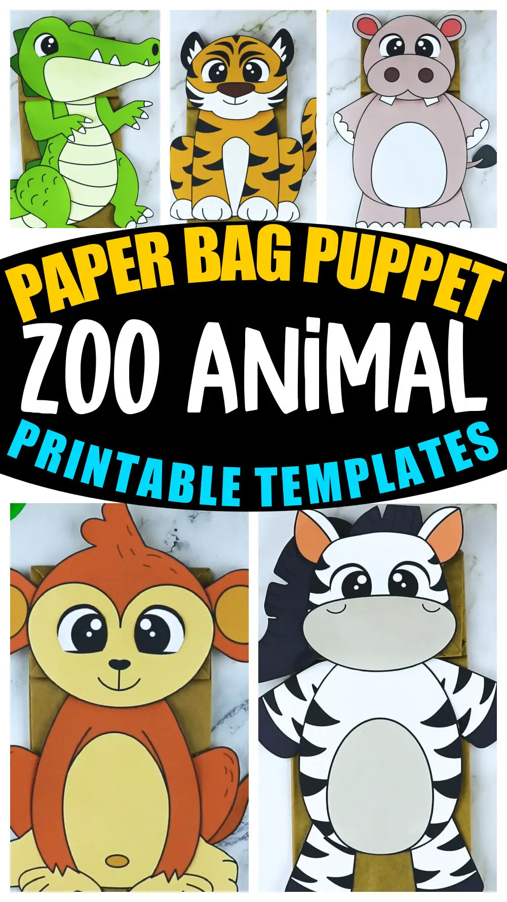 Printable Zoo Animal Paper Bag Puppets for Kids preschooler kindergarten elementary zoo animal template puppets 2